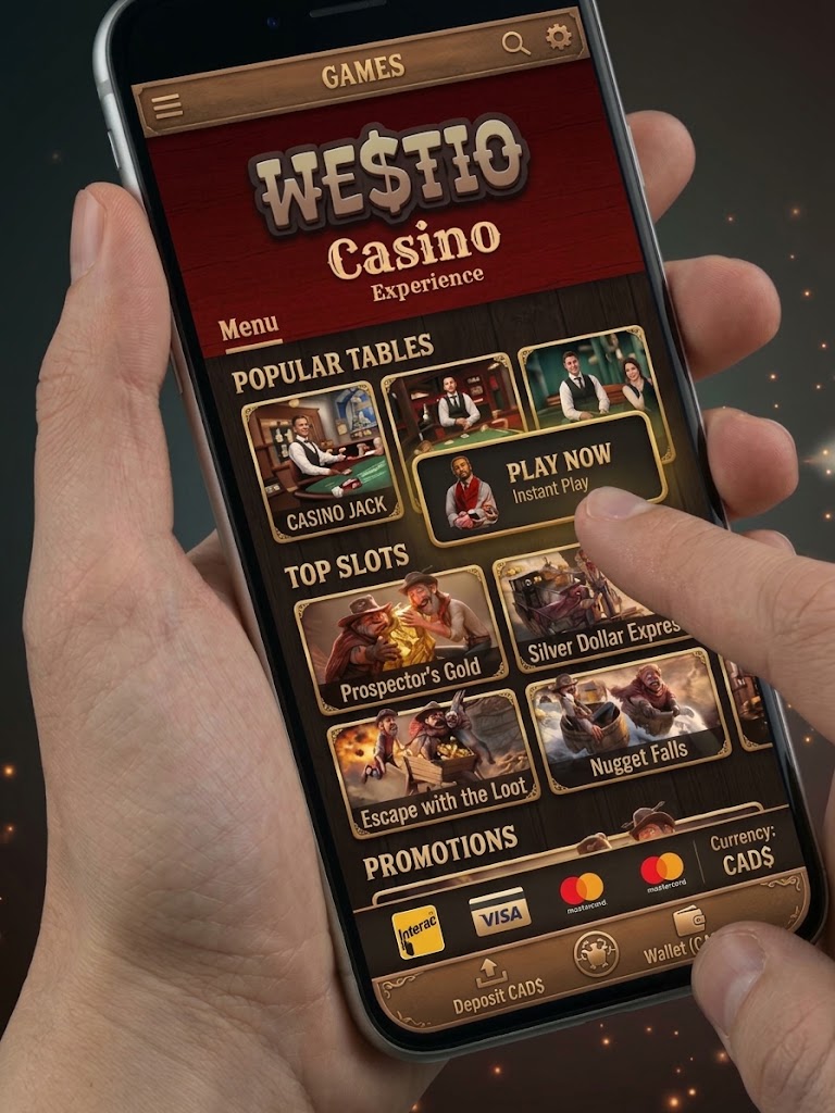 Westia Casino app display featuring various gaming options and user navigation elements.