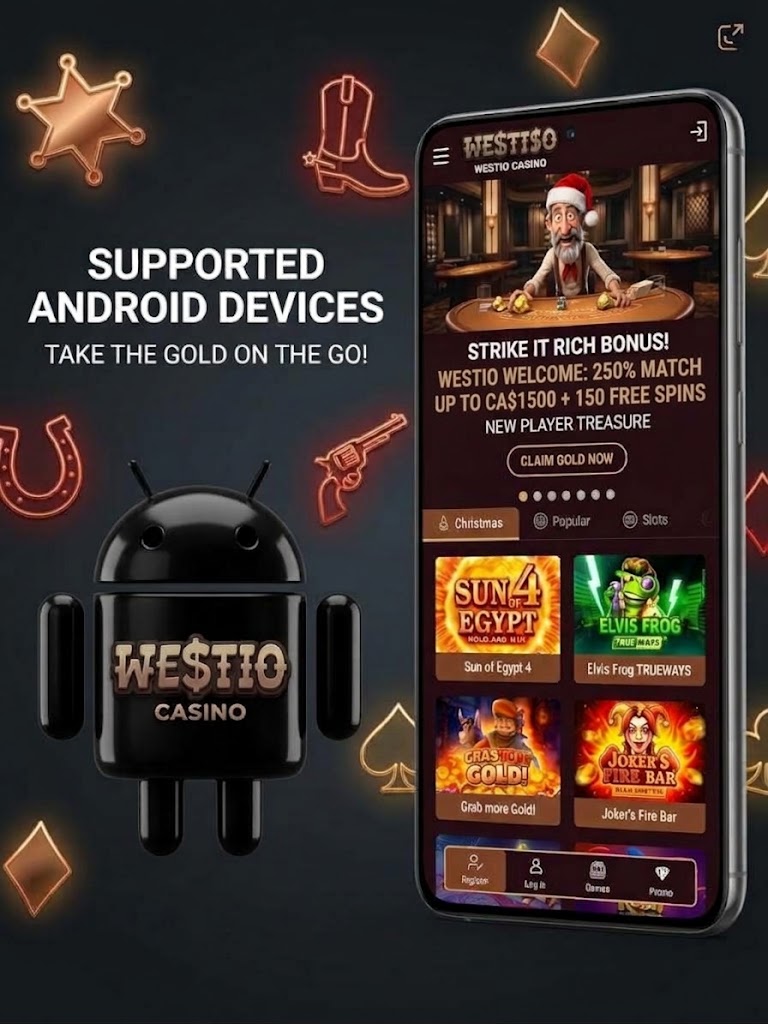 User interface of the Westia Casino app highlighting game categories and bonus promotions.